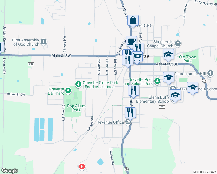map of restaurants, bars, coffee shops, grocery stores, and more near 401 Dallas Street Southwest in Gravette