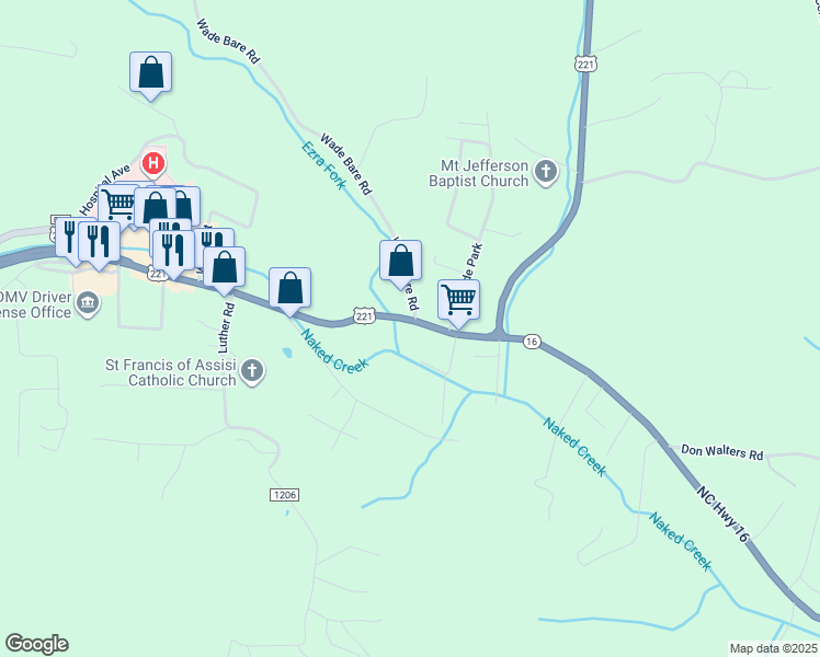 map of restaurants, bars, coffee shops, grocery stores, and more near 1334 U.S. 221 in Jefferson