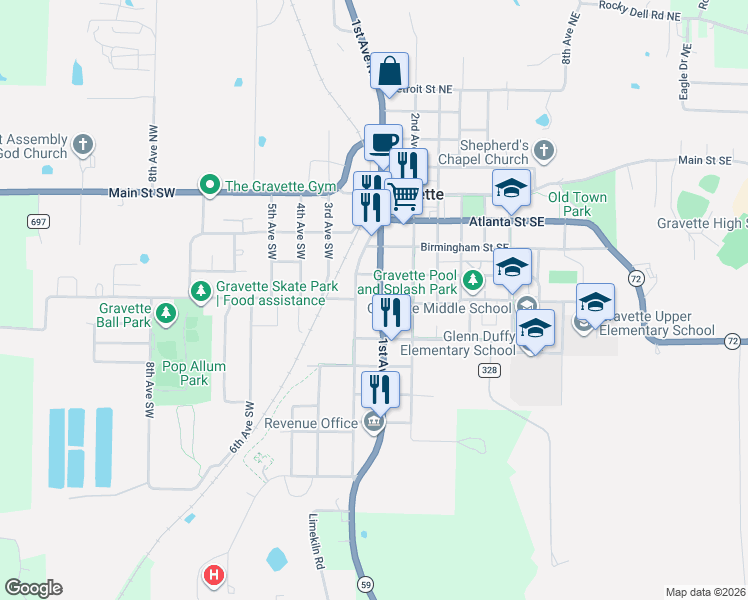 map of restaurants, bars, coffee shops, grocery stores, and more near 409 State Highway 59 in Decatur