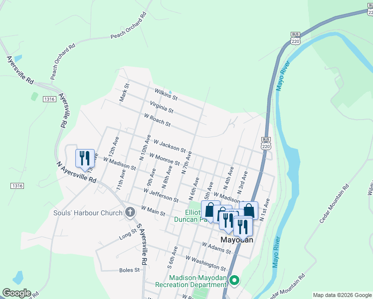 map of restaurants, bars, coffee shops, grocery stores, and more near 509 West Jackson Street in Mayodan