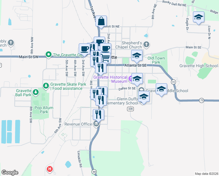 map of restaurants, bars, coffee shops, grocery stores, and more near 502 2nd Avenue Southeast in Gravette
