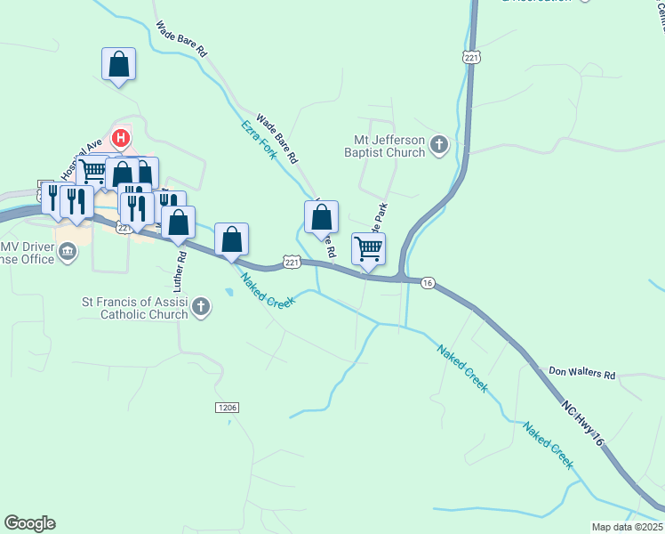 map of restaurants, bars, coffee shops, grocery stores, and more near 1334 U.S. 221 in Jefferson