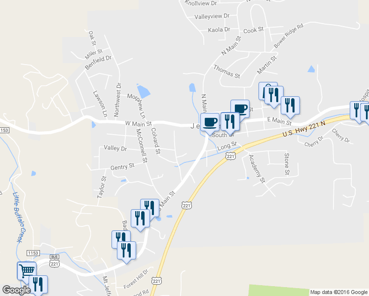 map of restaurants, bars, coffee shops, grocery stores, and more near 167 Wm Jb Blevins Drive in Jefferson