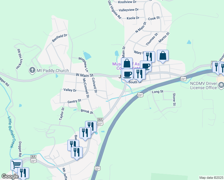 map of restaurants, bars, coffee shops, grocery stores, and more near 167 Wm Jb Blevins Drive in Jefferson