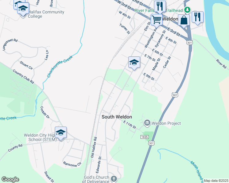 map of restaurants, bars, coffee shops, grocery stores, and more near 1007 Elm Street in Weldon