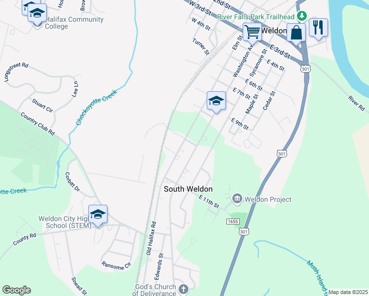 map of restaurants, bars, coffee shops, grocery stores, and more near 1007 Elm Street in Weldon