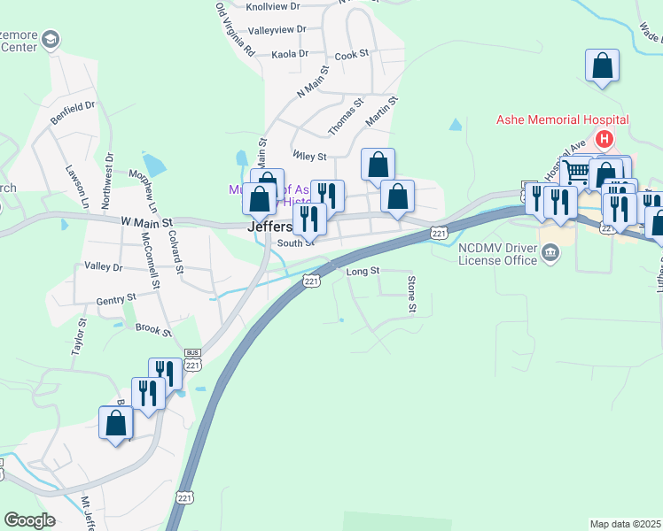 map of restaurants, bars, coffee shops, grocery stores, and more near 198 Long Street in Jefferson