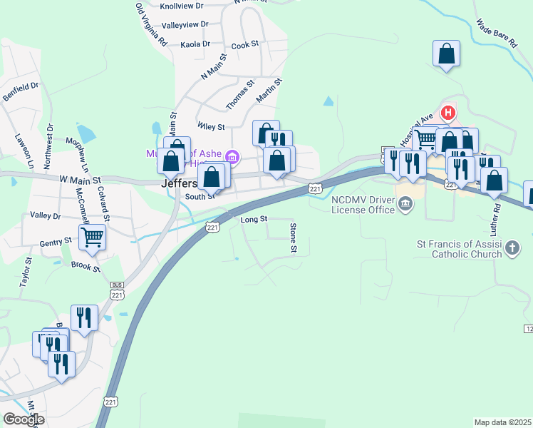 map of restaurants, bars, coffee shops, grocery stores, and more near 401 Long Street in Jefferson