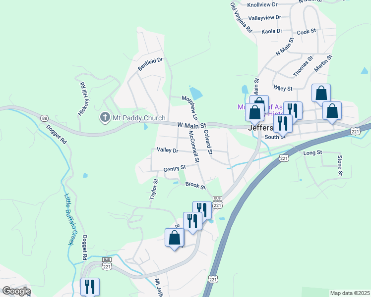 map of restaurants, bars, coffee shops, grocery stores, and more near 118 Valley Drive in Jefferson