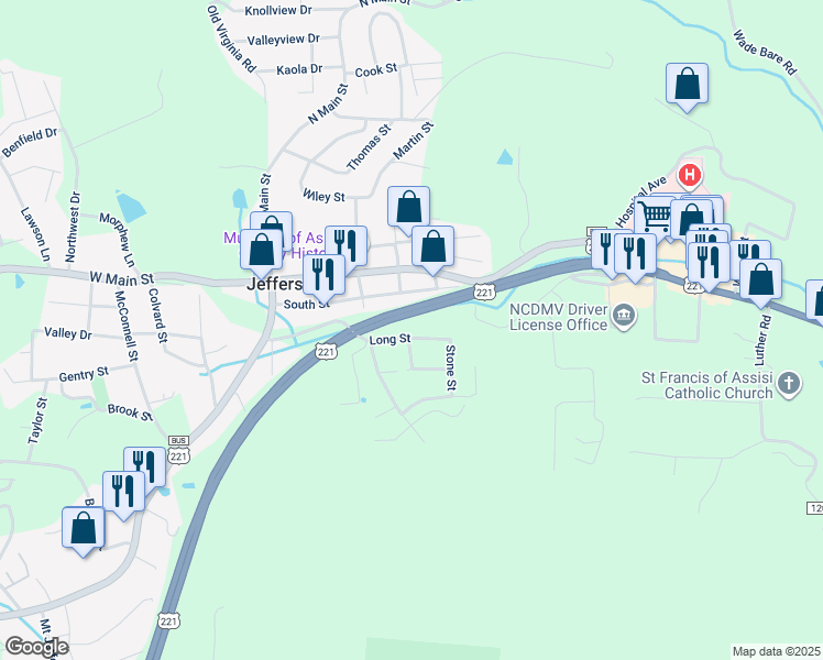 map of restaurants, bars, coffee shops, grocery stores, and more near 401 Long Street in Jefferson