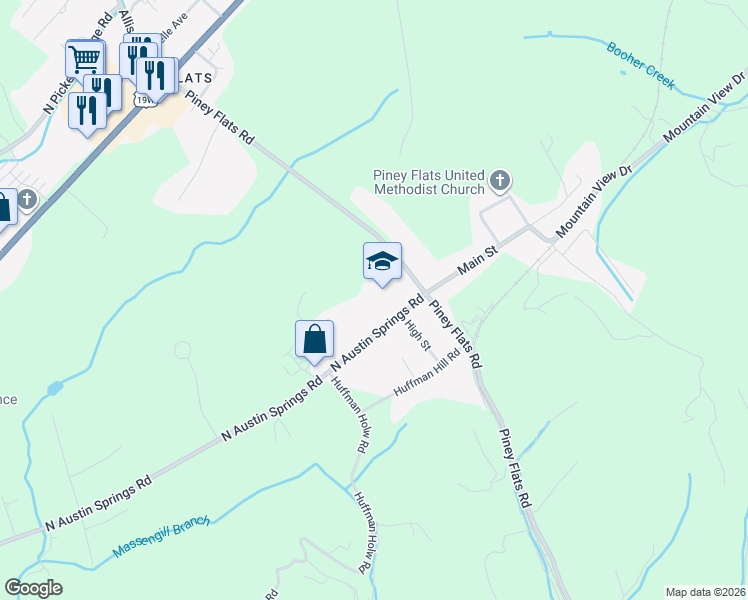 map of restaurants, bars, coffee shops, grocery stores, and more near 240 North Austin Springs Road in Piney Flats