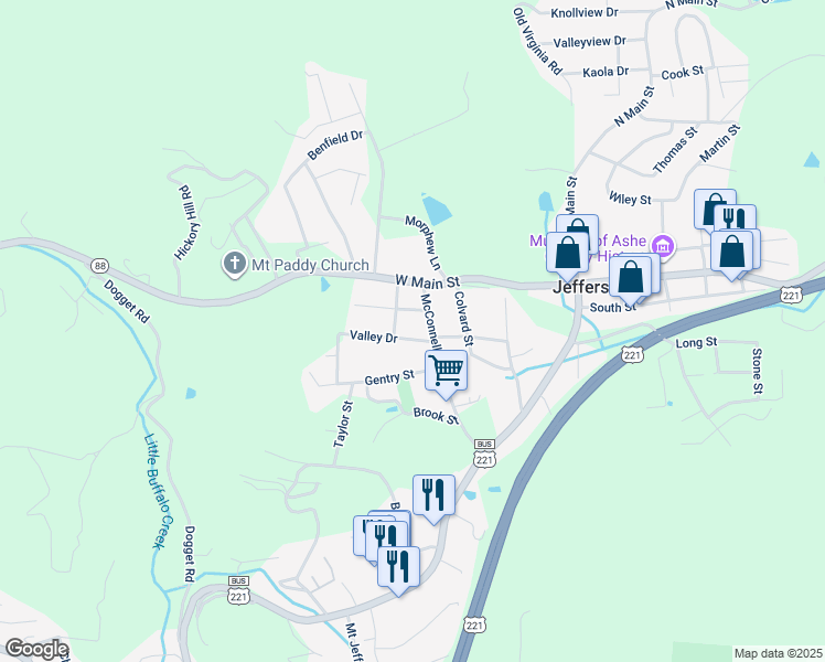 map of restaurants, bars, coffee shops, grocery stores, and more near 118 Valley Drive in Jefferson