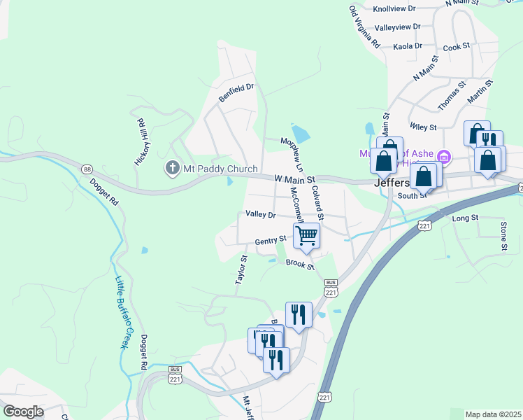 map of restaurants, bars, coffee shops, grocery stores, and more near 214 Valley Drive in Jefferson