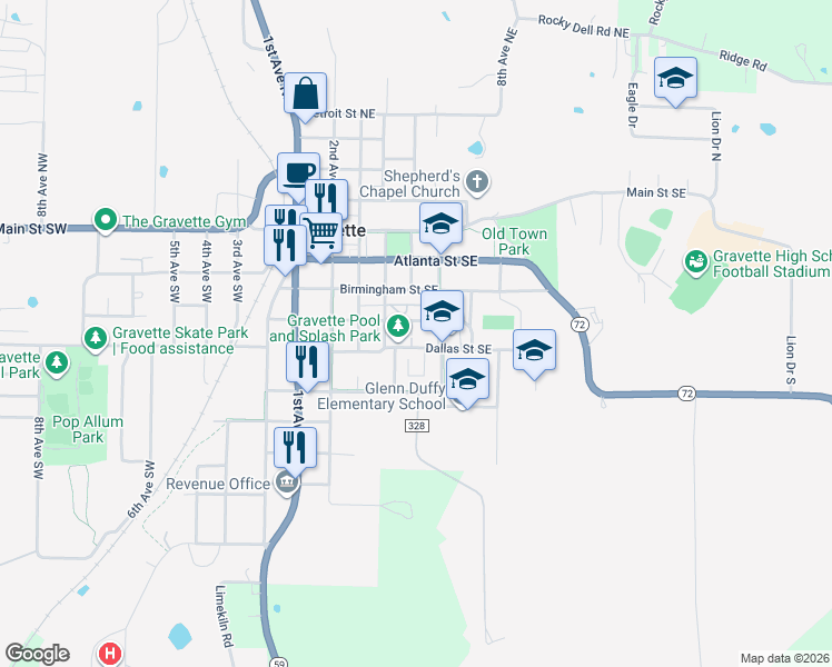 map of restaurants, bars, coffee shops, grocery stores, and more near 503 Charlotte Street Southeast in Gravette