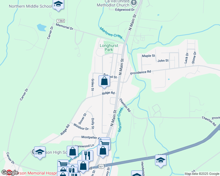 map of restaurants, bars, coffee shops, grocery stores, and more near 1309 Dale Street in Roxboro