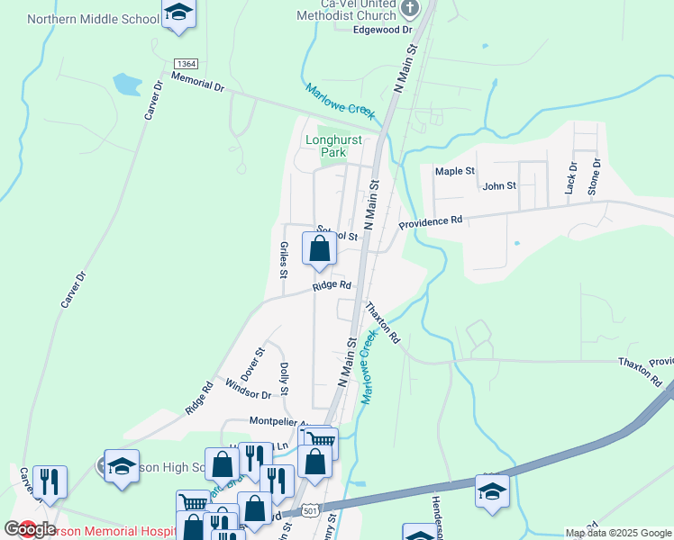 map of restaurants, bars, coffee shops, grocery stores, and more near 1309 Dale Street in Roxboro