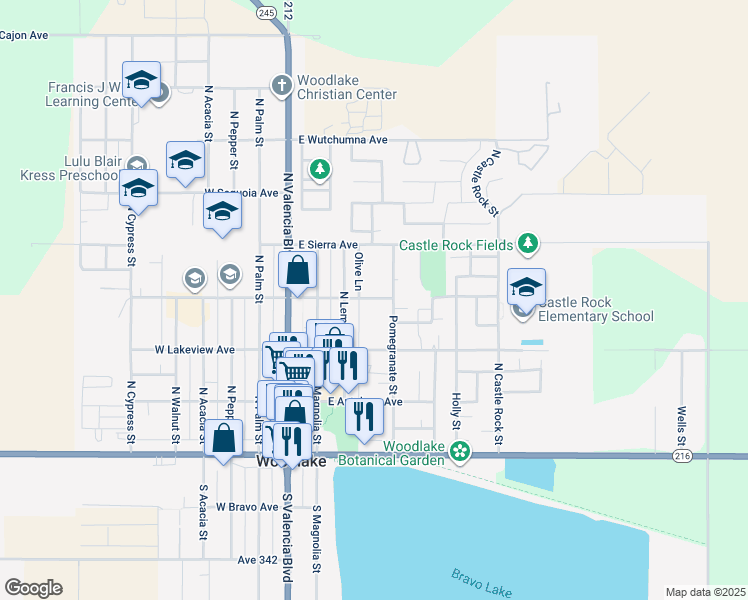 map of restaurants, bars, coffee shops, grocery stores, and more near 352 Olive Lane in Woodlake