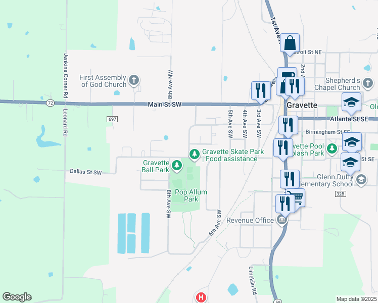 map of restaurants, bars, coffee shops, grocery stores, and more near 701 Dallas Street Southwest in Gravette