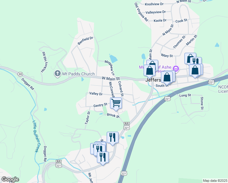 map of restaurants, bars, coffee shops, grocery stores, and more near 217 McConnell Street in Jefferson