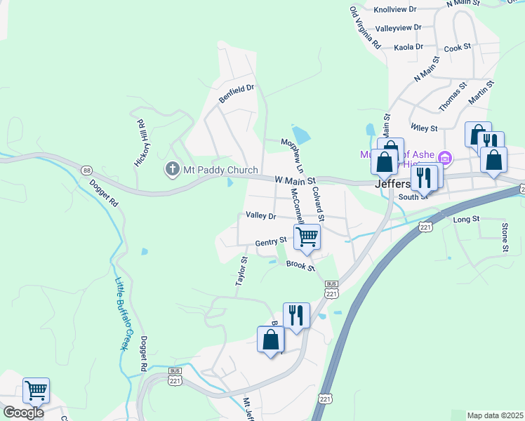 map of restaurants, bars, coffee shops, grocery stores, and more near 214 Valley Drive in Jefferson