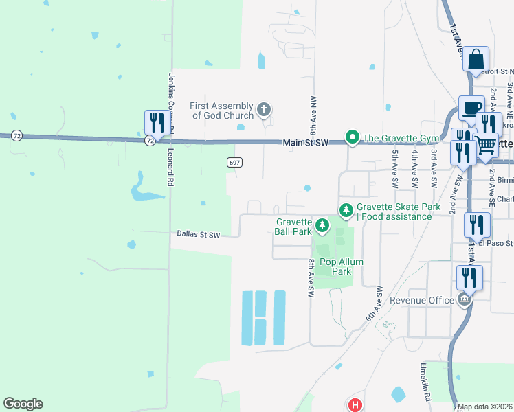 map of restaurants, bars, coffee shops, grocery stores, and more near 1117 Dallas Street Southwest in Gravette