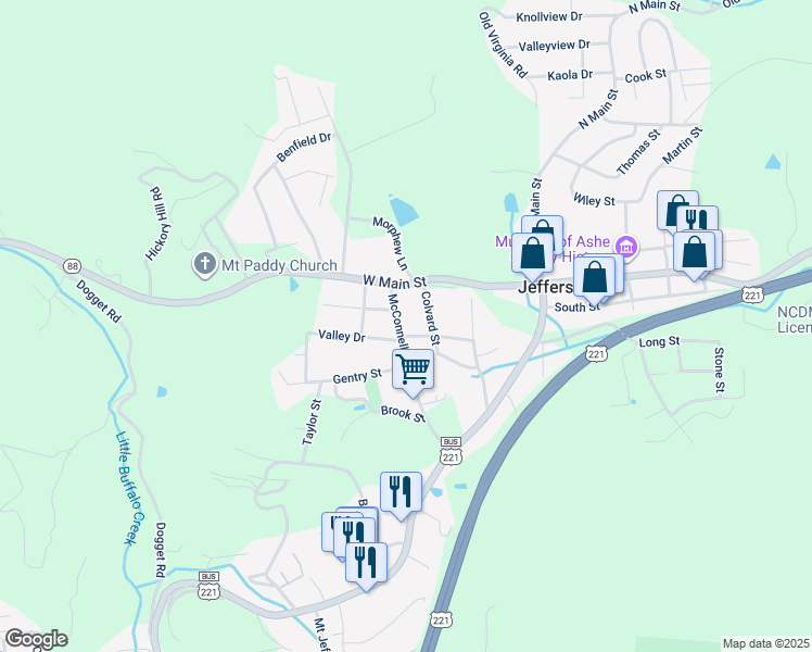 map of restaurants, bars, coffee shops, grocery stores, and more near 217 McConnell Street in Jefferson