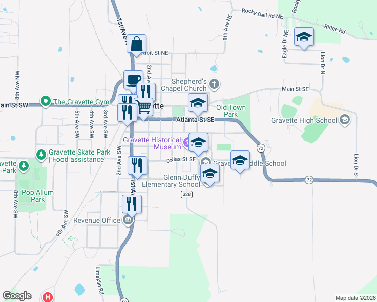 map of restaurants, bars, coffee shops, grocery stores, and more near 503 Charlotte Street Southeast in Gravette
