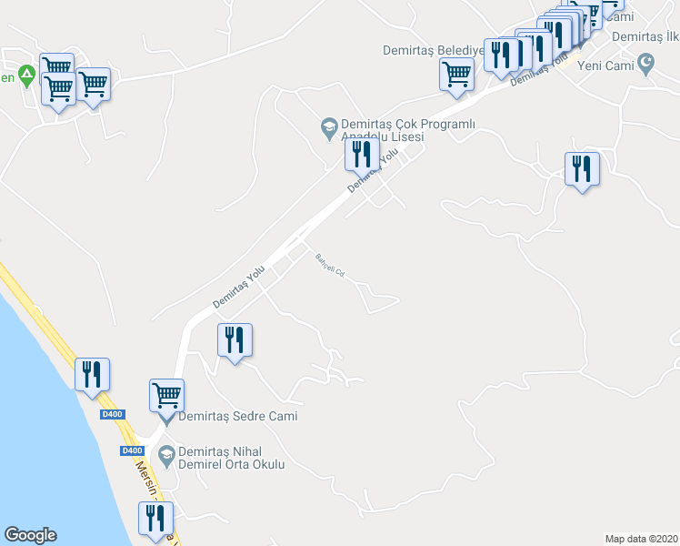 map of restaurants, bars, coffee shops, grocery stores, and more near Bahçeli Caddesi in Alanya