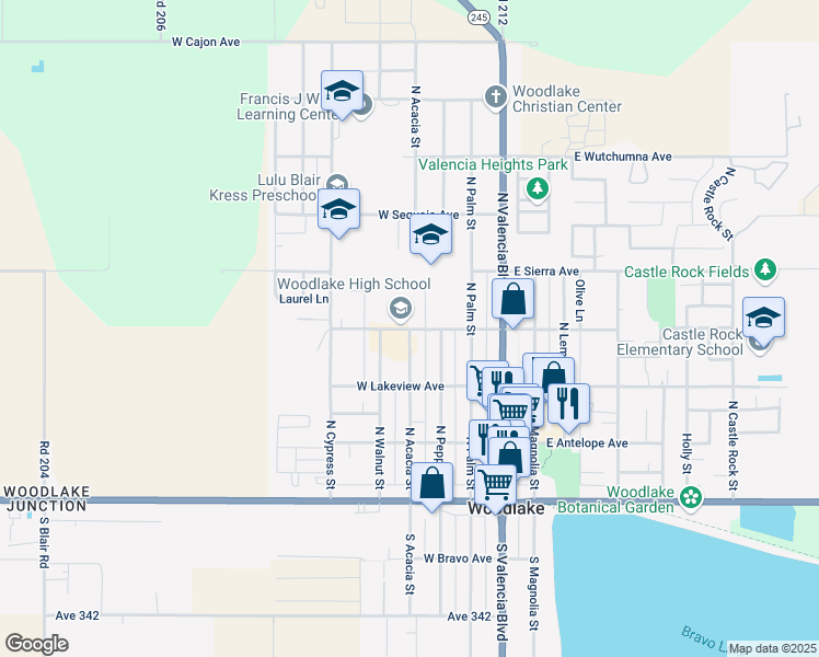 map of restaurants, bars, coffee shops, grocery stores, and more near 400 West Whitney Avenue in Woodlake