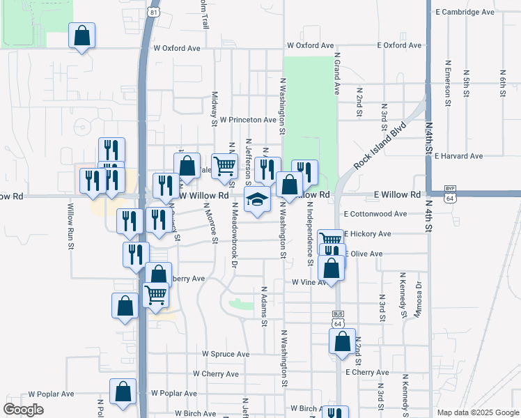 map of restaurants, bars, coffee shops, grocery stores, and more near 400 West Cottonwood Avenue in Enid