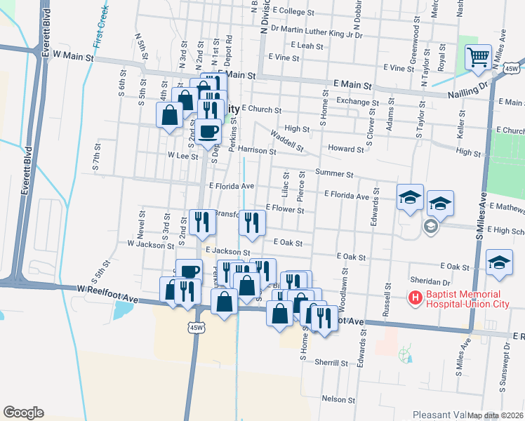 map of restaurants, bars, coffee shops, grocery stores, and more near 508 East Bransford Street in Union City