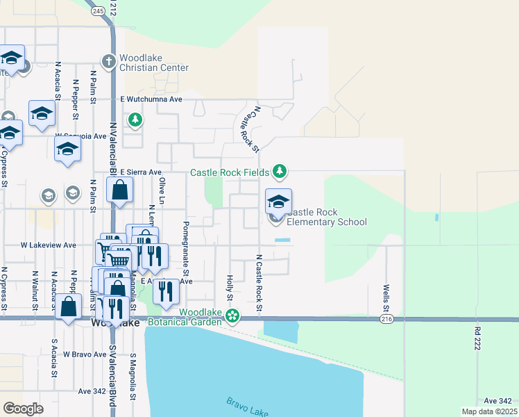 map of restaurants, bars, coffee shops, grocery stores, and more near 398 North Castle Rock Street in Woodlake