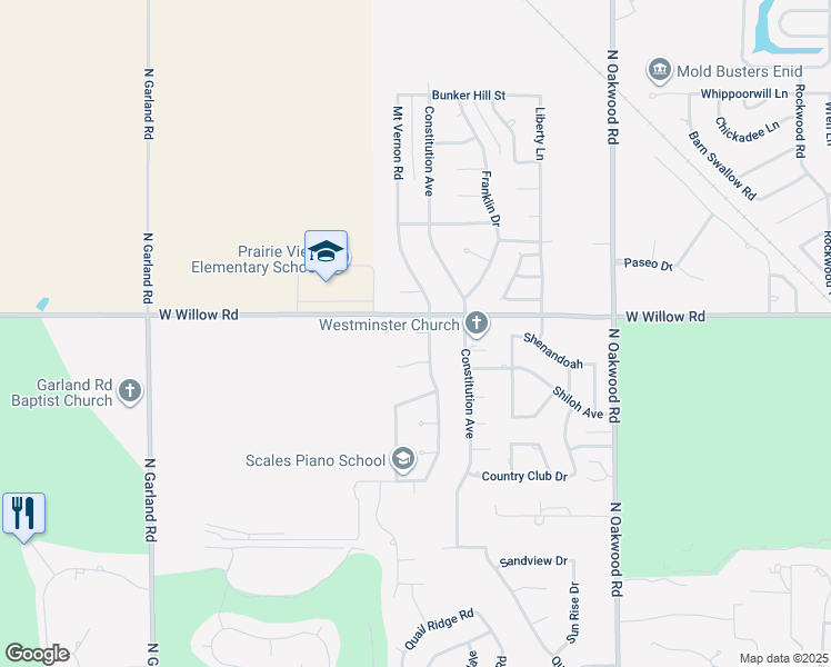 map of restaurants, bars, coffee shops, grocery stores, and more near 4626 Skyview Circle in Enid