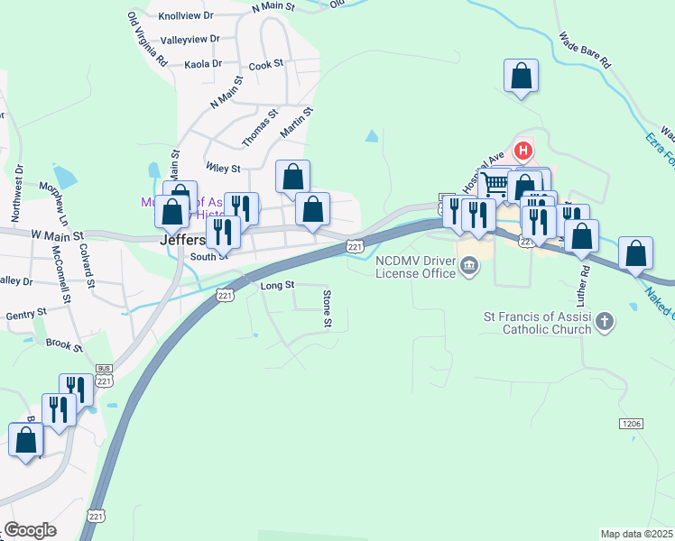 map of restaurants, bars, coffee shops, grocery stores, and more near 114 Cherry Drive in Jefferson