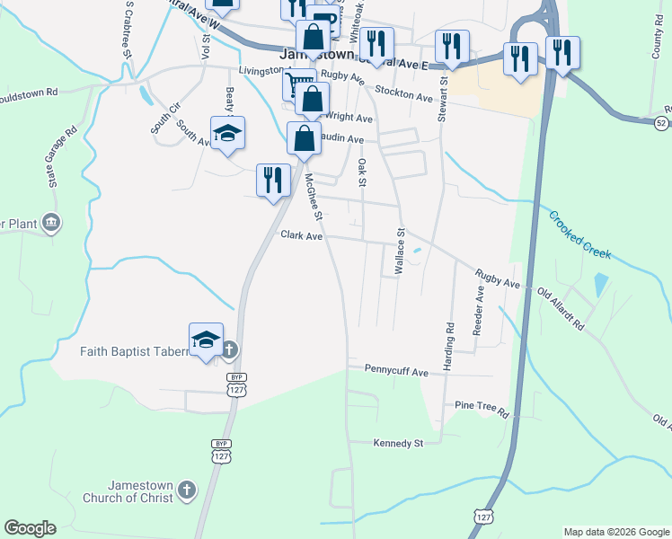 map of restaurants, bars, coffee shops, grocery stores, and more near 505 McGhee Street in Jamestown