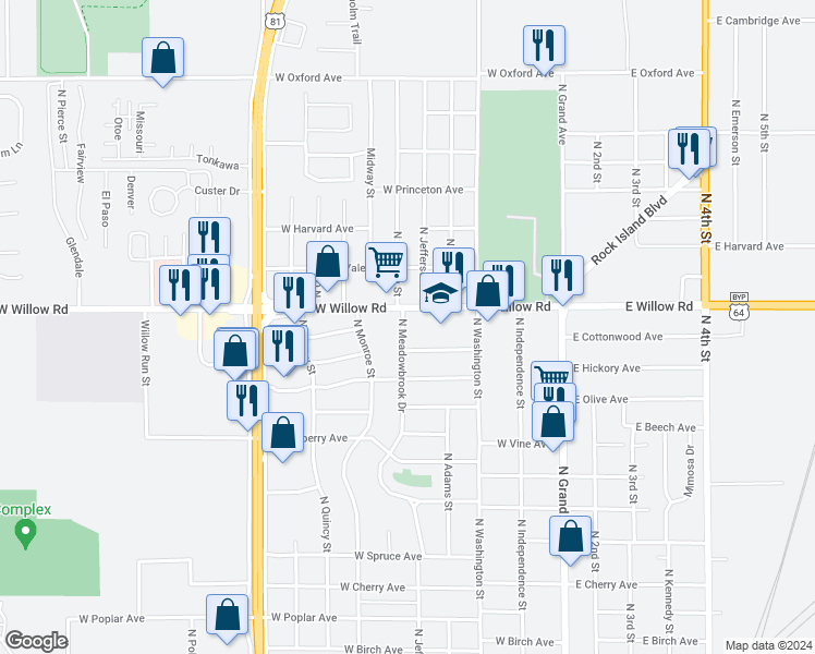 map of restaurants, bars, coffee shops, grocery stores, and more near 2217 North Meadowbrook Drive in Enid