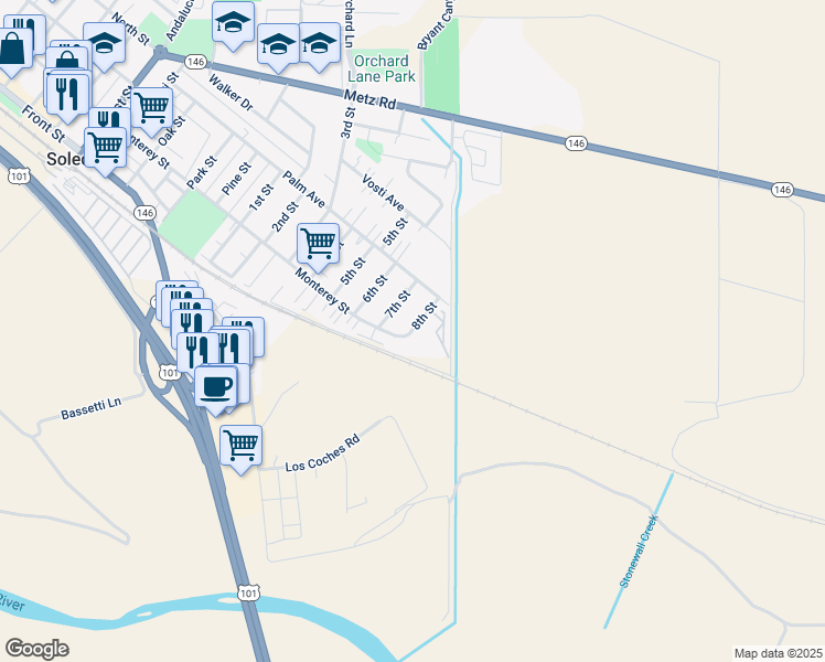 map of restaurants, bars, coffee shops, grocery stores, and more near 240 7th Street in Soledad