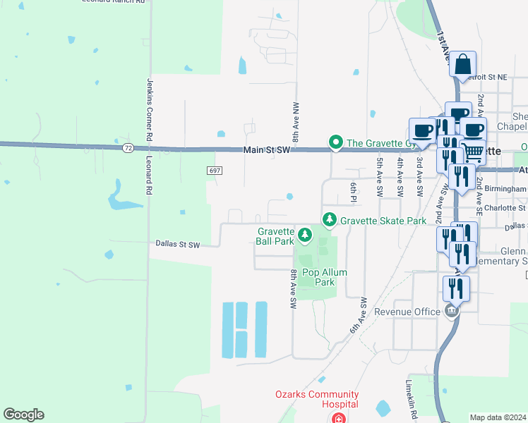 map of restaurants, bars, coffee shops, grocery stores, and more near 114 Nelson Park Road Southwest in Gravette