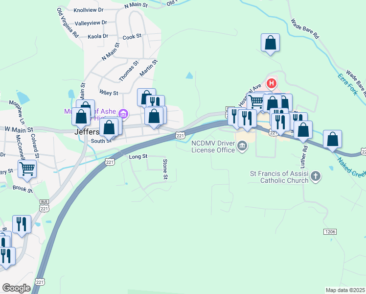 map of restaurants, bars, coffee shops, grocery stores, and more near 125 Cherry Drive in Jefferson