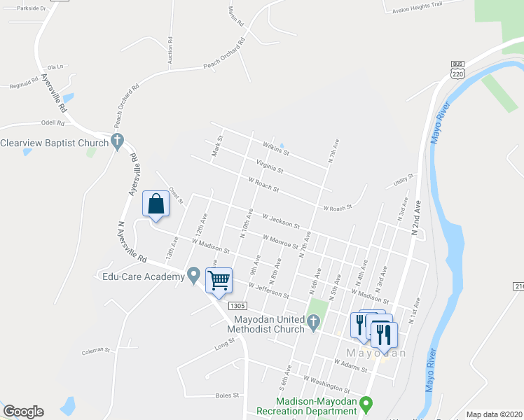 map of restaurants, bars, coffee shops, grocery stores, and more near 807 West Jackson Street in Mayodan