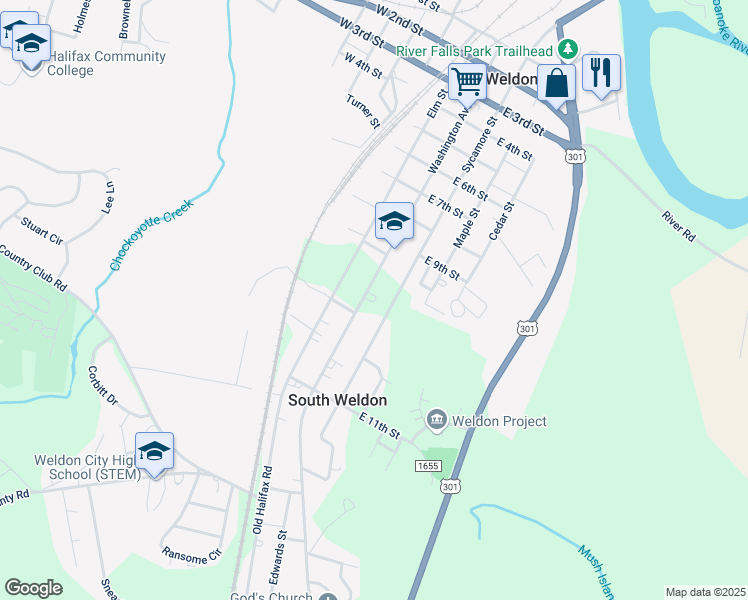 map of restaurants, bars, coffee shops, grocery stores, and more near 921 Washington Avenue in Weldon