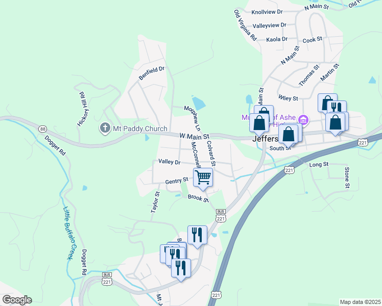 map of restaurants, bars, coffee shops, grocery stores, and more near 204 McConnell Street in Jefferson