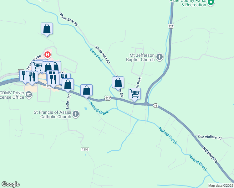 map of restaurants, bars, coffee shops, grocery stores, and more near 1325 U.S. Highway 221 North in Jefferson