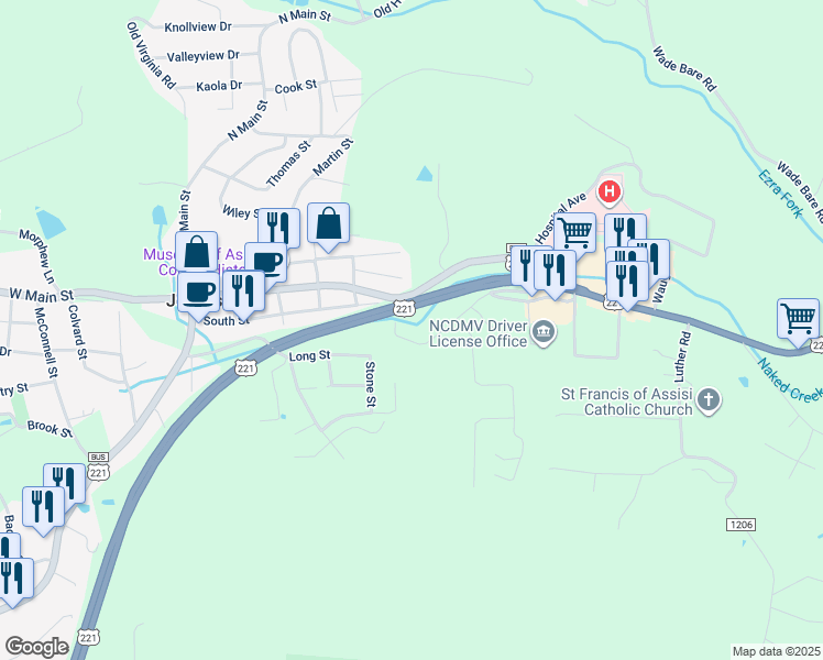 map of restaurants, bars, coffee shops, grocery stores, and more near 125 Cherry Drive in Jefferson