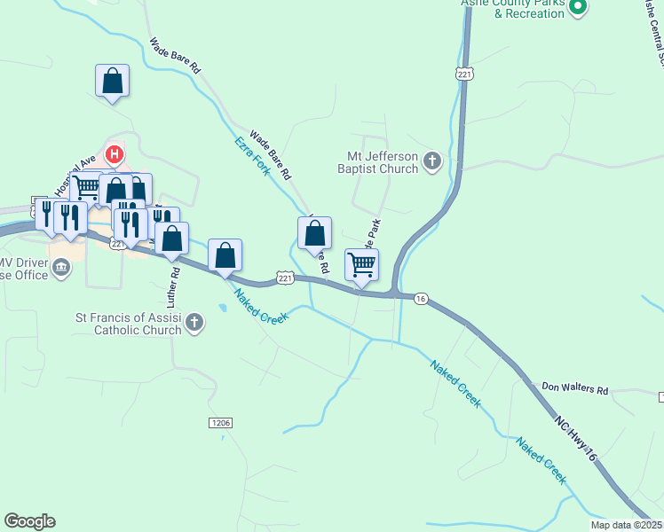map of restaurants, bars, coffee shops, grocery stores, and more near 136 Wade Bare Road in Jefferson