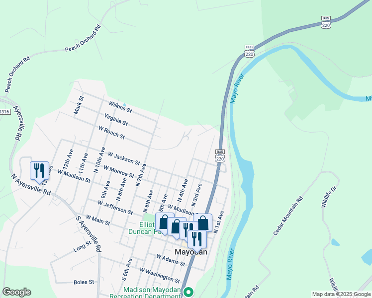 map of restaurants, bars, coffee shops, grocery stores, and more near 500 Utility Street in Mayodan