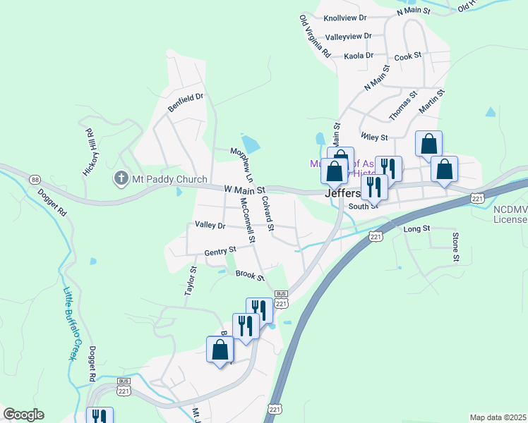 map of restaurants, bars, coffee shops, grocery stores, and more near 206 Colvard Street in Jefferson