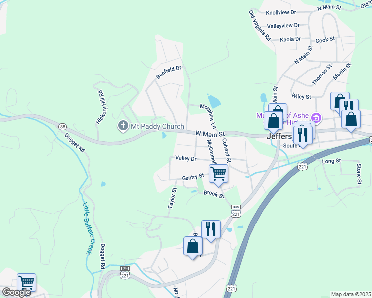 map of restaurants, bars, coffee shops, grocery stores, and more near 217 Faw Rowland Street in Jefferson