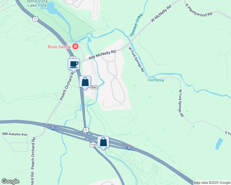 map of restaurants, bars, coffee shops, grocery stores, and more near 3700 Northwest Riverbend Road in Bentonville
