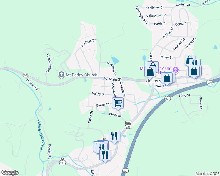 map of restaurants, bars, coffee shops, grocery stores, and more near 204 McConnell Street in Jefferson